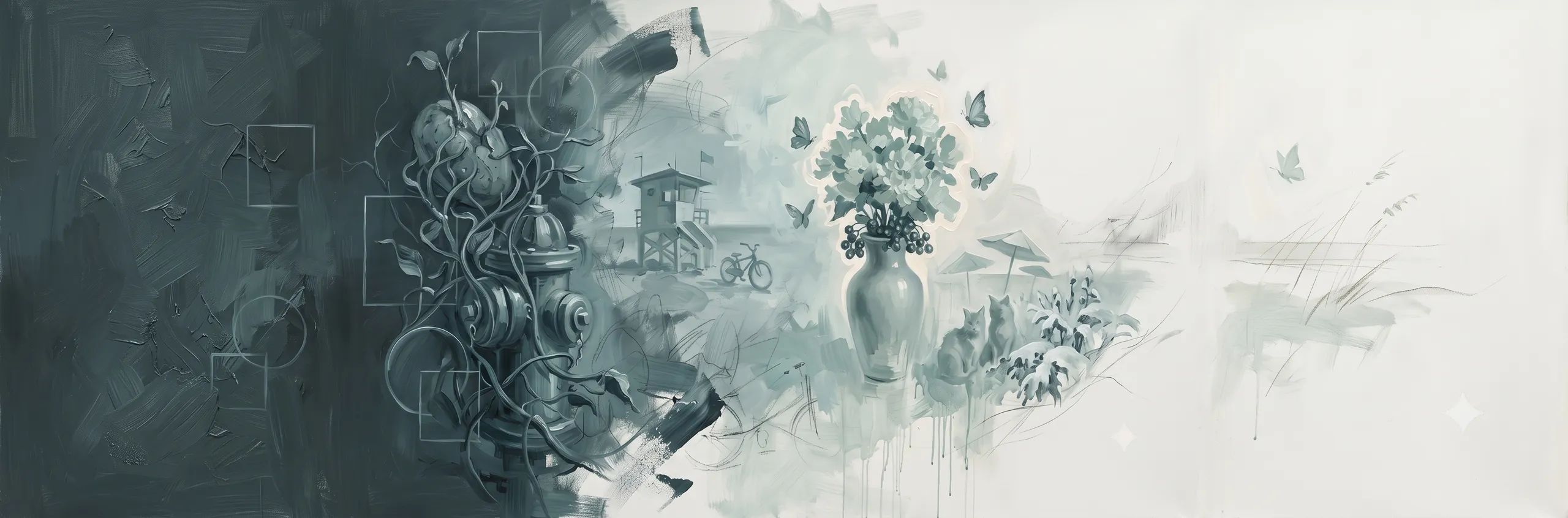 Dark painterly strip with a vine-wrapped fire hydrant and a glowing vase of flowers