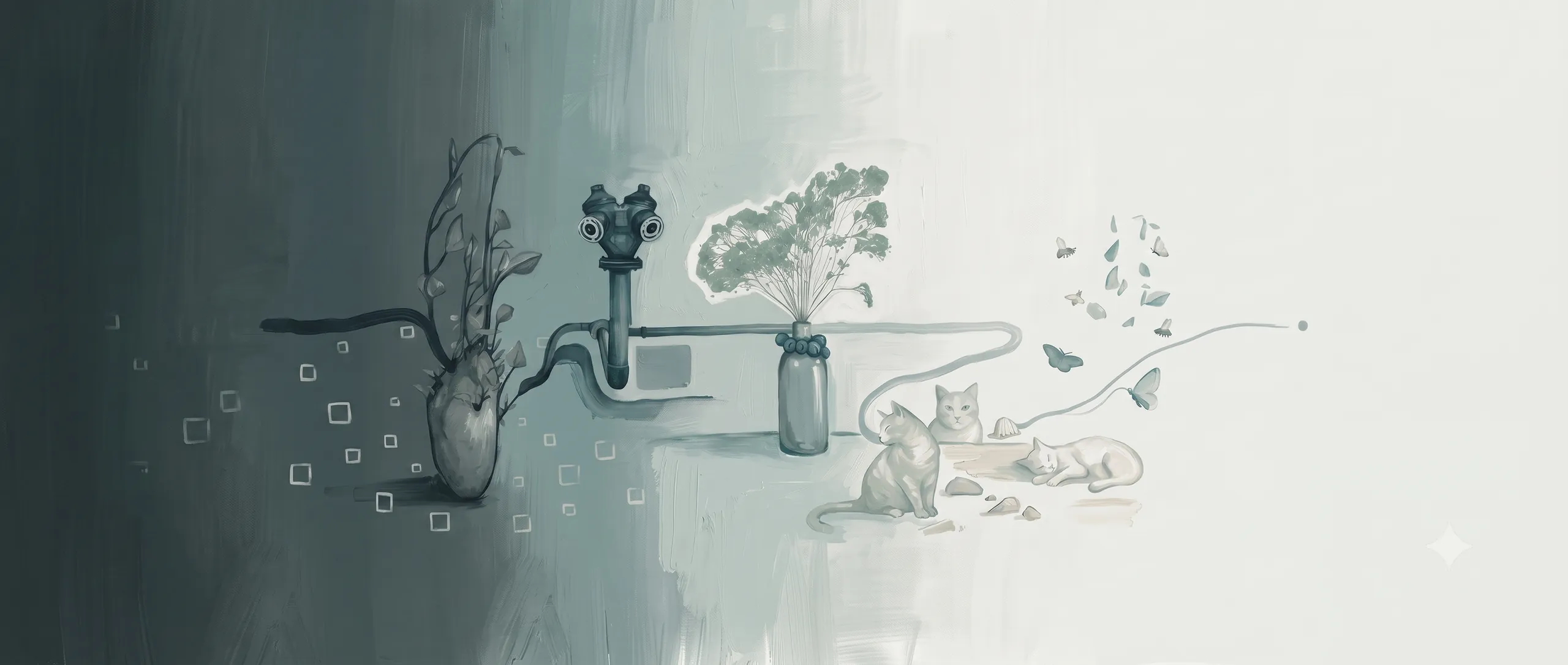 Minimalist teal scene with cats, a vase and a continuous line ending in a dot