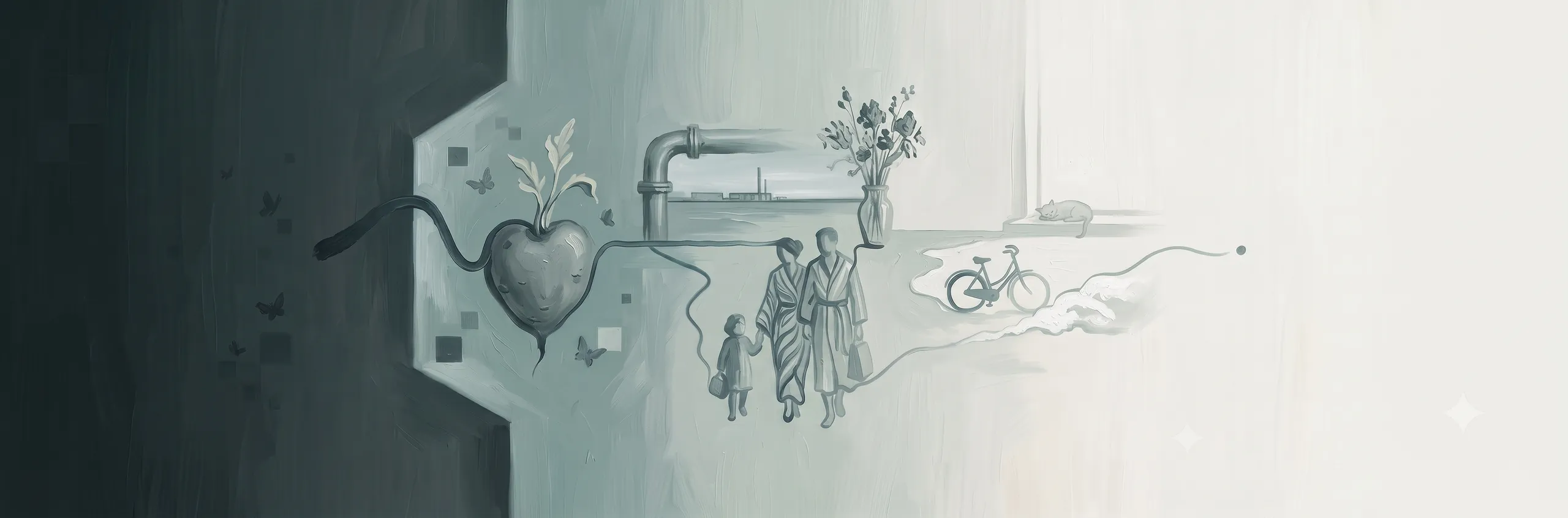 Wide monochrome painting of a family walking, a heart-shaped fruit and a bicycle