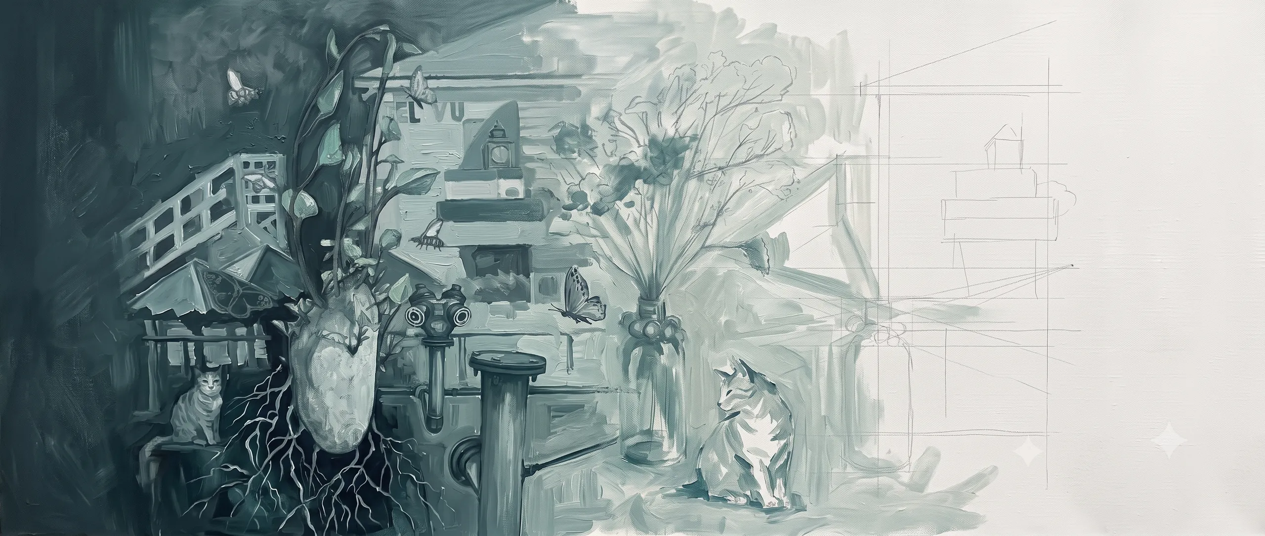 Dense teal composition with a rooted heart, a cat and pencil sketch lines on canvas